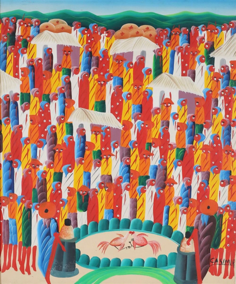 Lot 306: Laurent Casimir Haitian Oil on Canvas Cock Fight