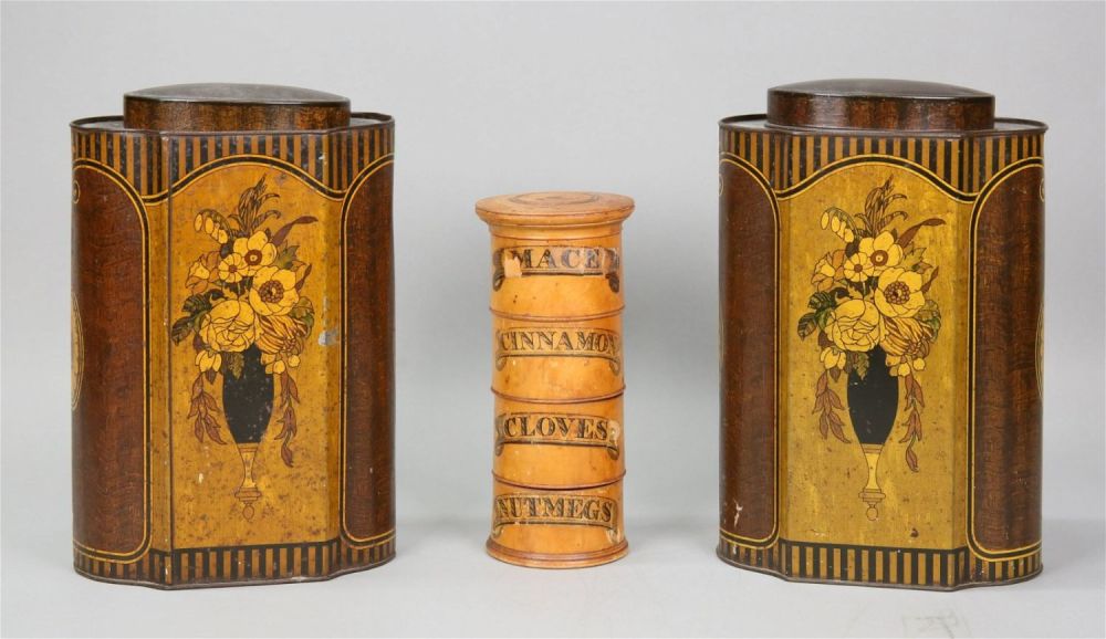 Lot 324: Pair of Tole Tea Canisters & Treen Spice Box