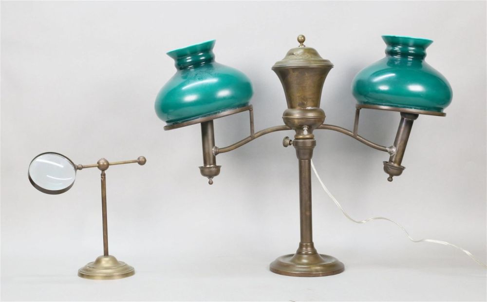 Lot 385: Brass Double Arm Student Lamp & Magnifier