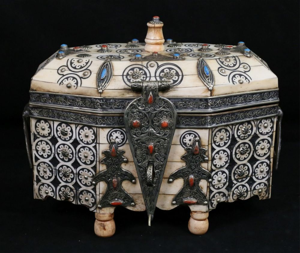 Lot 405: North African Bone, Turquoise & Coral Box