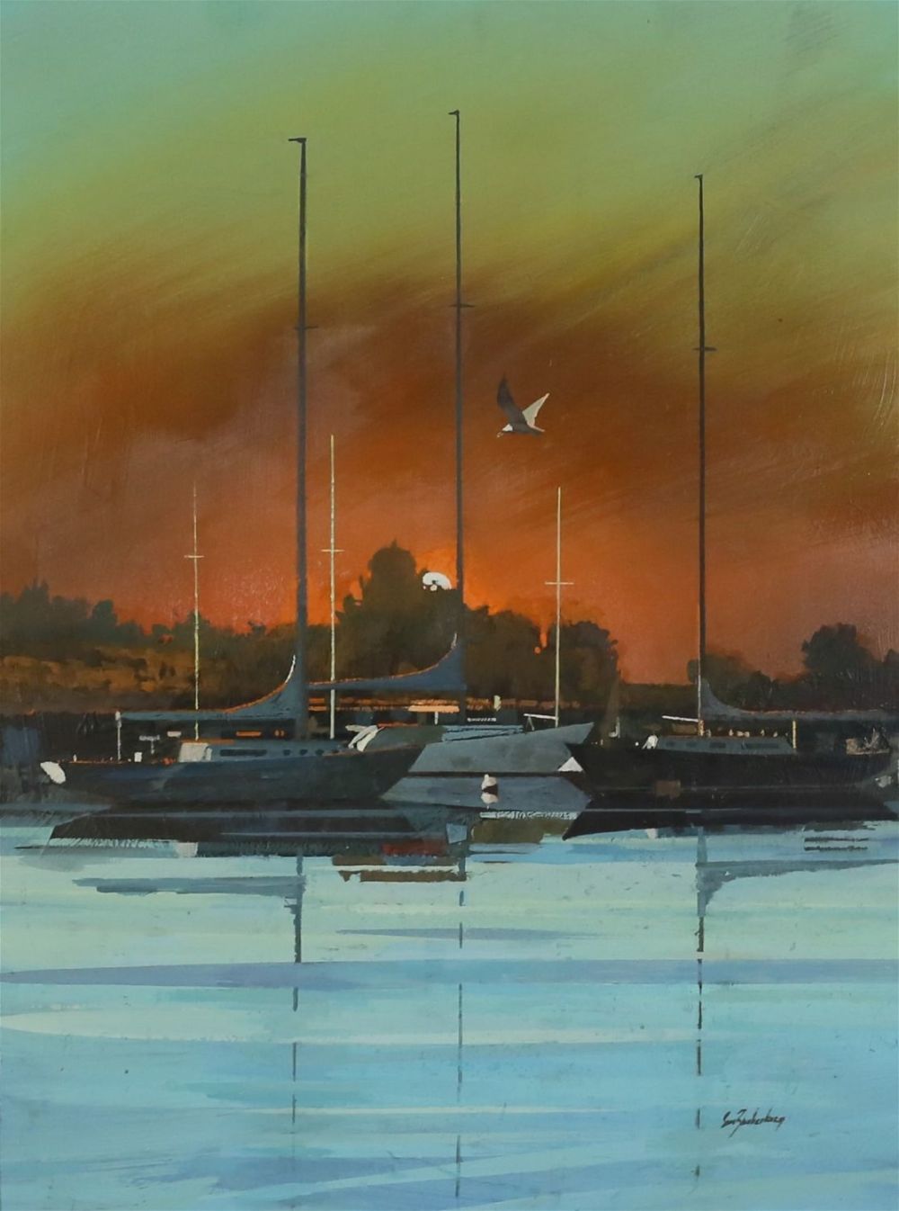 Lot 160: Stanley Zuckerberg Oil on Board Harbor Sunset