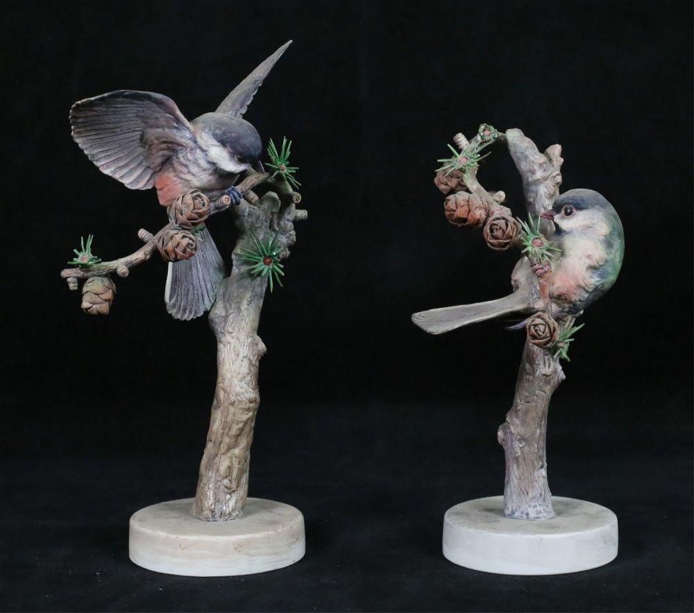 Lot 179: Royal Worcester Pair Chickadee Figures