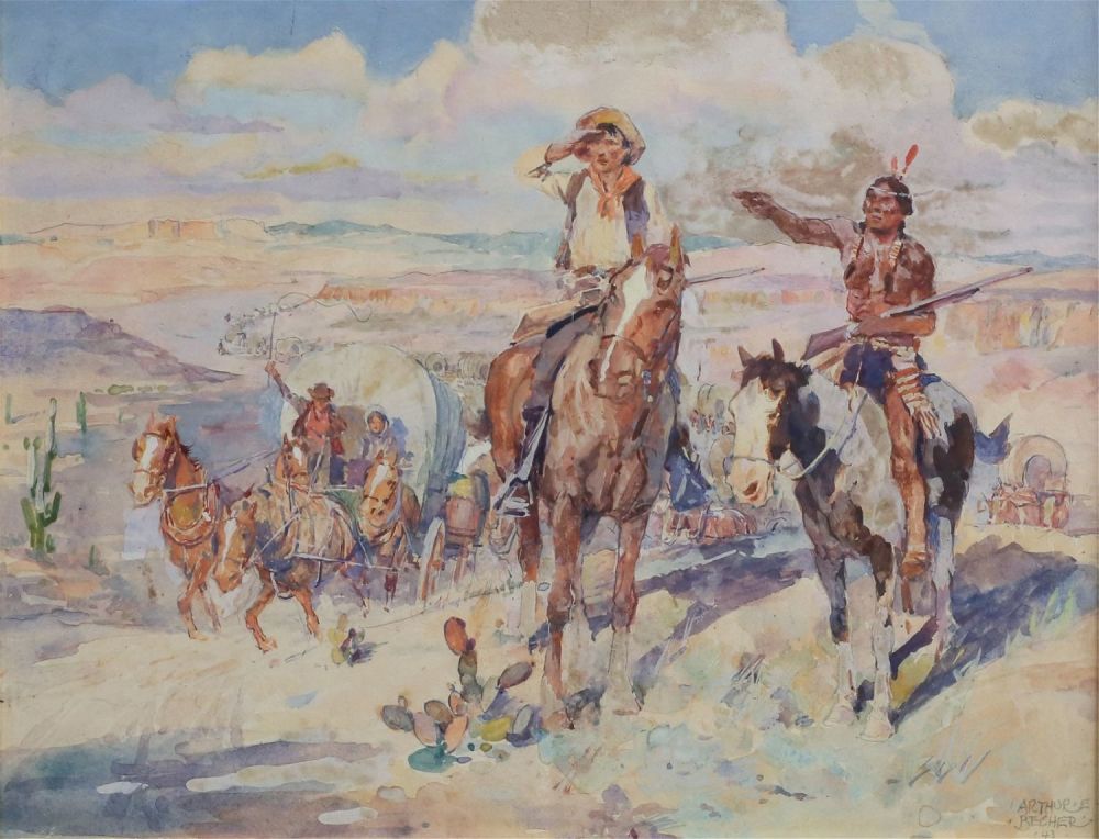 Lot 197: Arthur Becher Watercolor Wagon Train With Scout