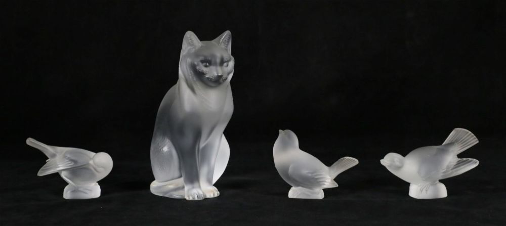 Lot 228: 4 Pieces Lalique Crystal Cat And Birds