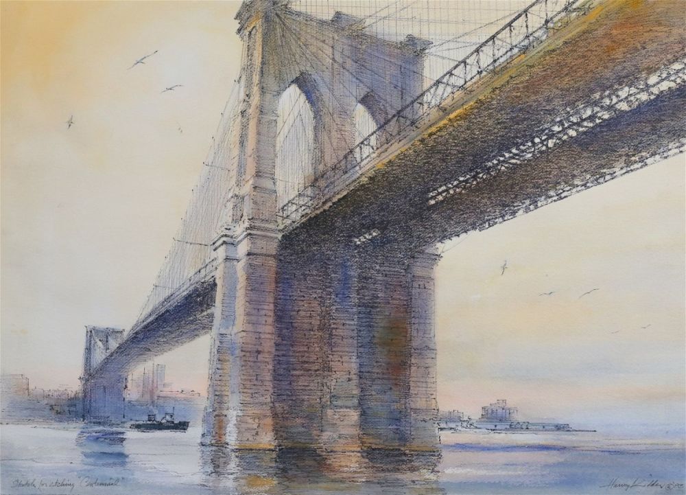 Lot 255: Harvey Kidder Watercolor Brooklyn Bridge