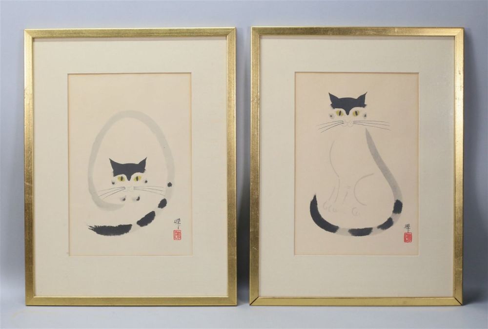 Lot 264: Pair of Japanese Ink Wash Paintings Cats