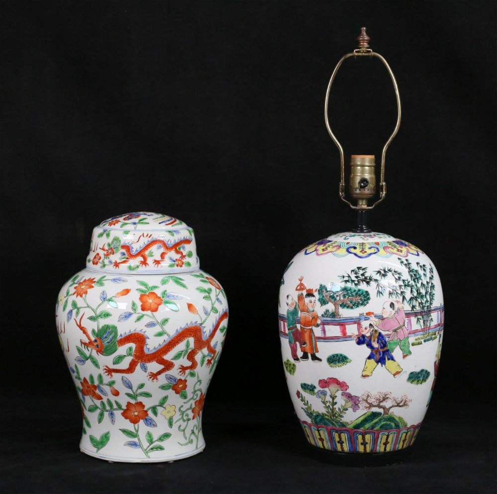 Lot 279: 2 Pieces Chinese Porcelain Ginger Jar & Lamp