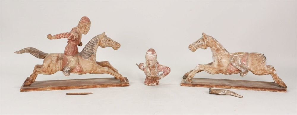 Lot 285: Pair of Chinese Carved Wood Figures on Horseback