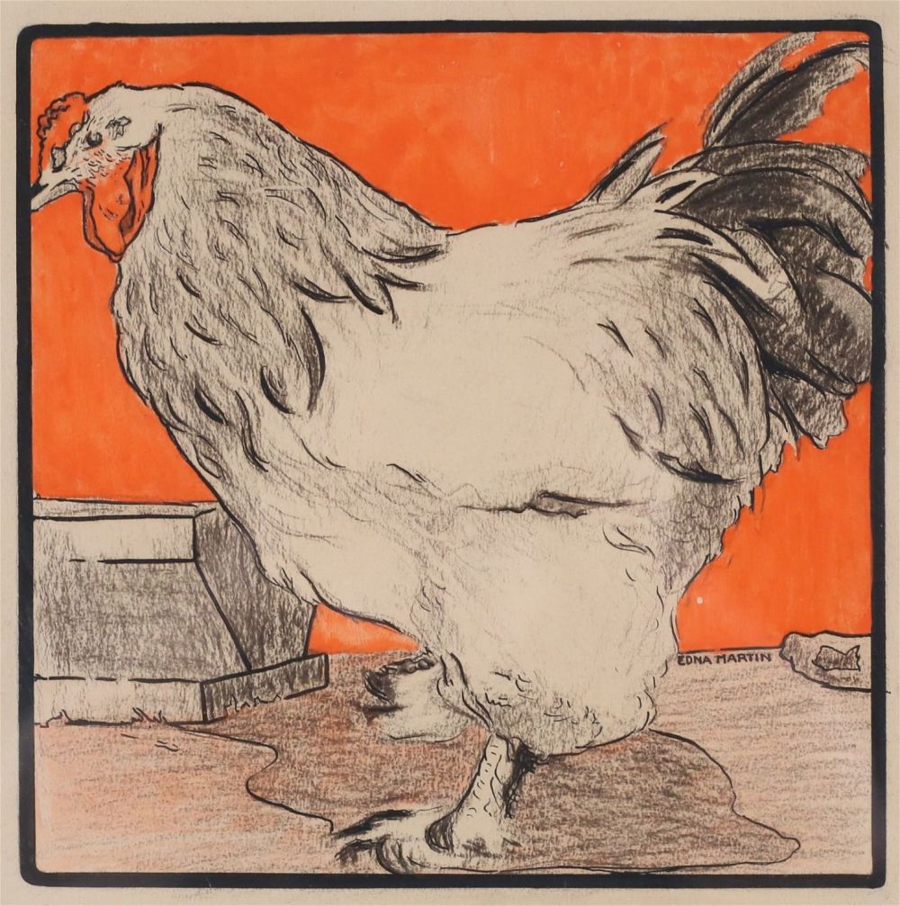 Lot 296: Edna Martin Gouache Barnyard Hen
