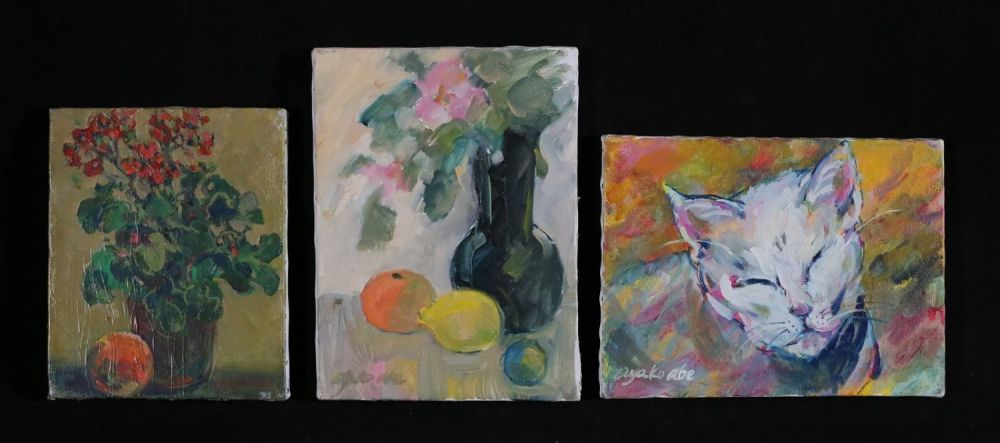 Lot 308: Ayako Abe 3 Oils on Canvas Still Lifes & Cat