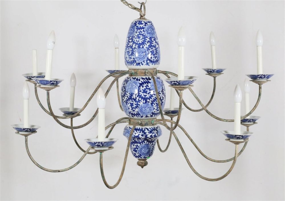 Lot 317: Blue And White Porcelain And Metal Chandelier