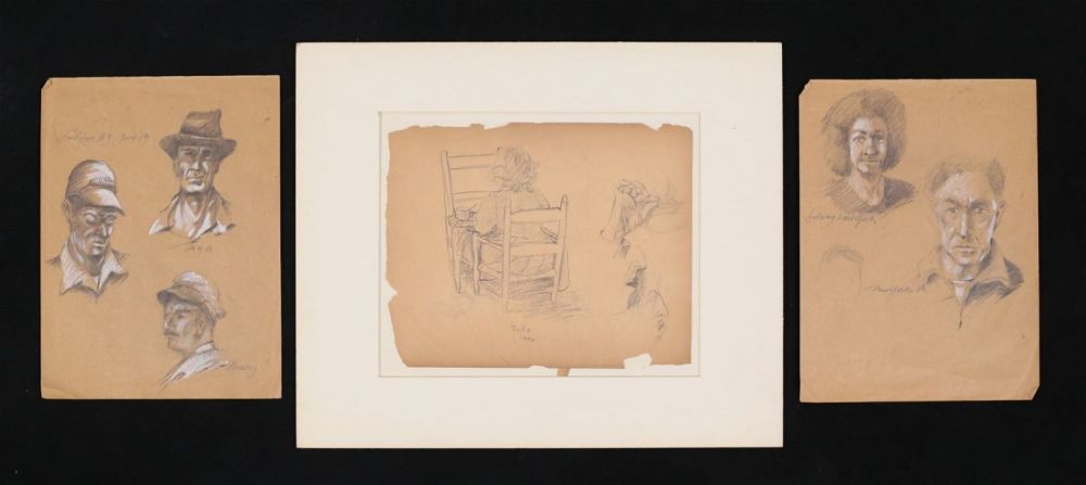 Lot 330: 3 Drawings Subway NYC and Seated Woman