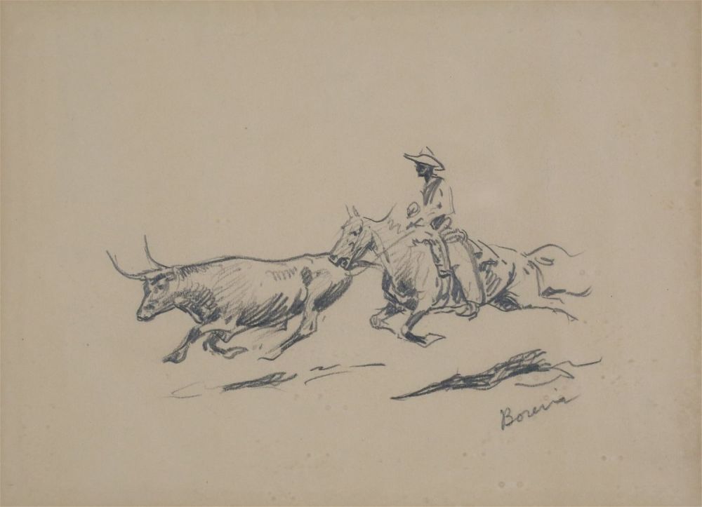 Lot 192: Edward Borein Pencil Drawing Cowboy Chasing Steer