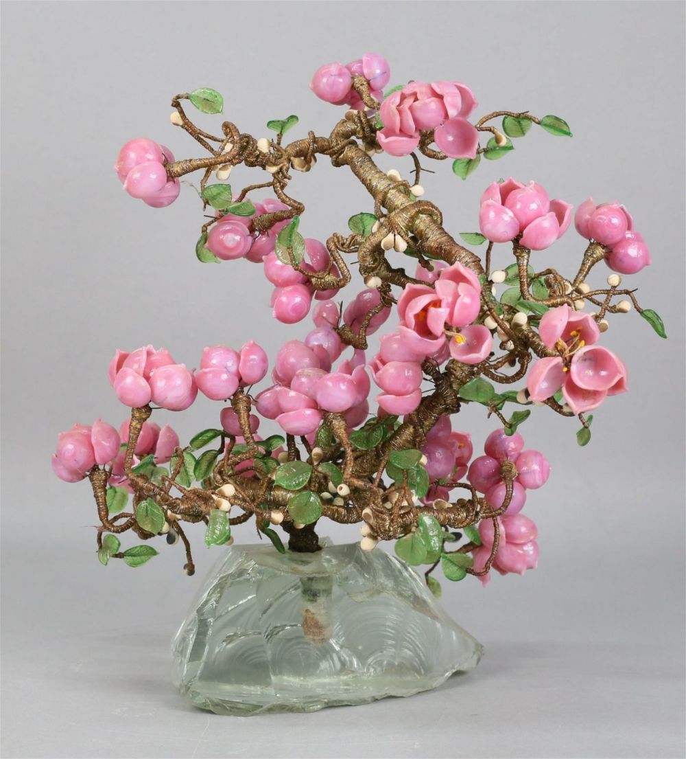 Lot 212: Hardstone & Glass Prunus Tree