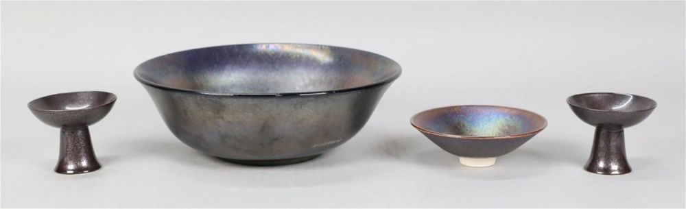 Lot 247: 4 Pieces Iridescent Glass & Pottery