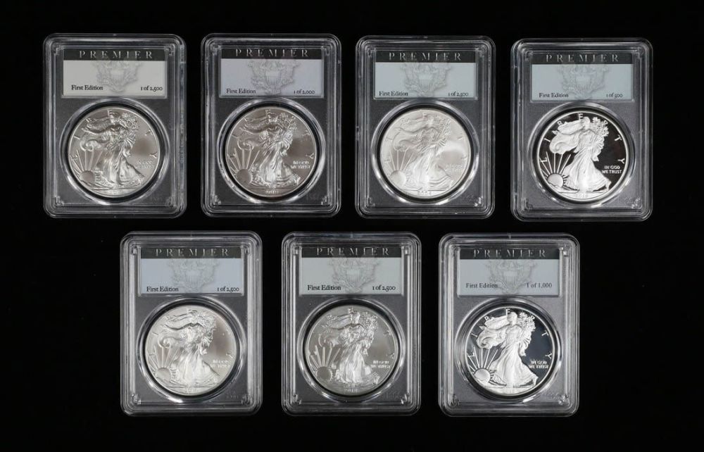 Lot 468: 7 PCGS Premier First Edition Silver Eagles
