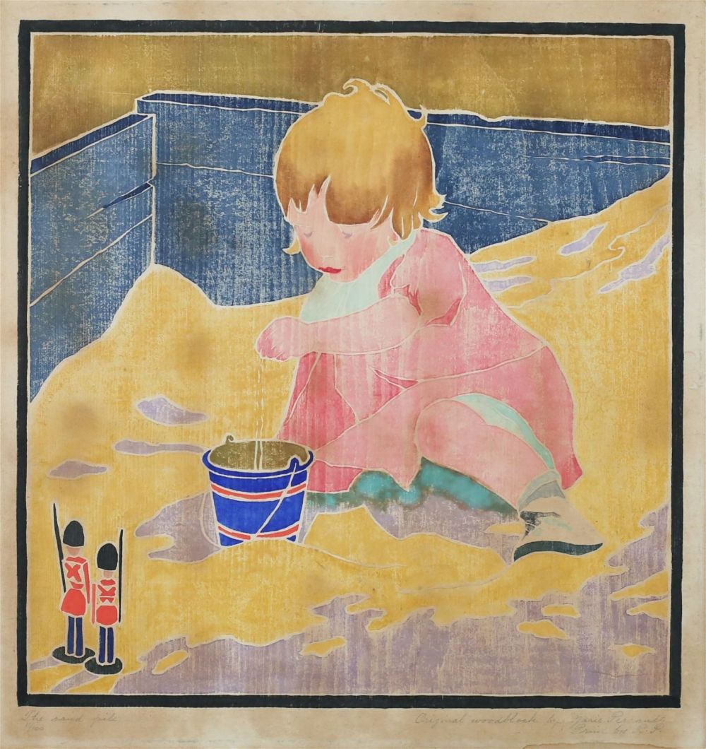 Lot 505: Ida Marie Perrault Woodcut The Sand Pile