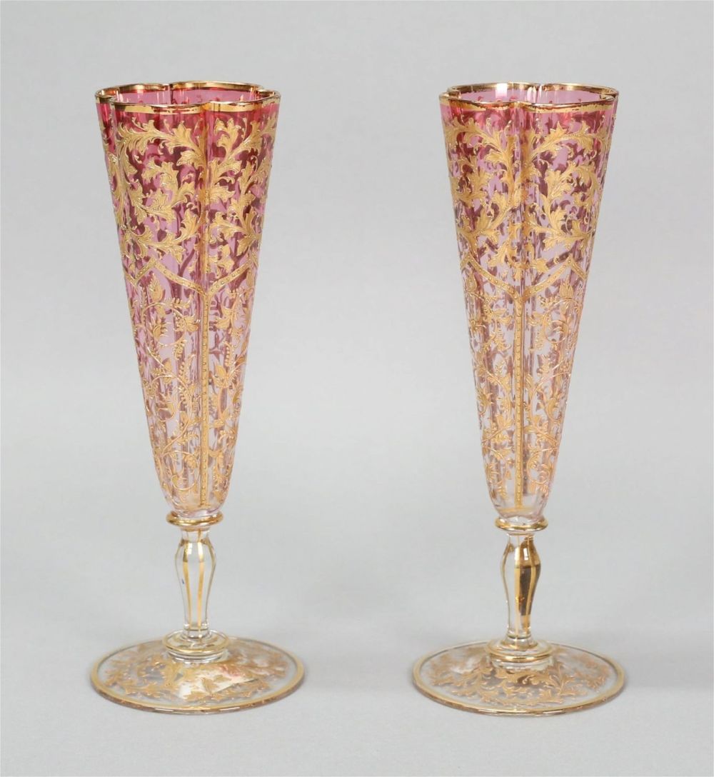 Lot 550: Pair of Moser Cranberry Champagne Flutes