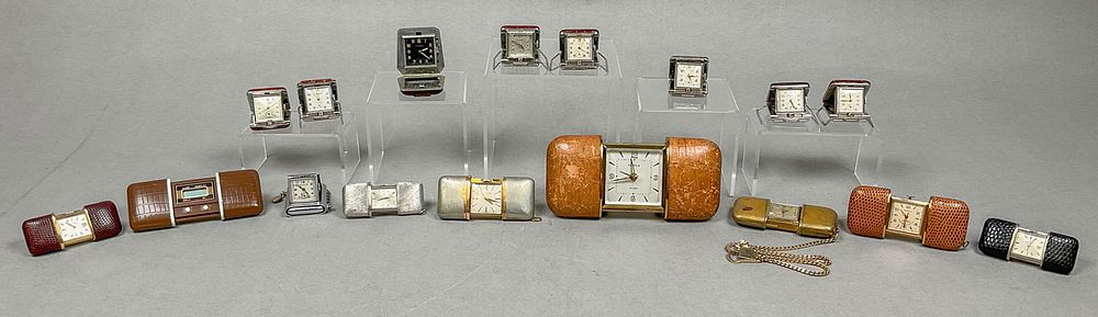 Lot 227: 17 Purse Watches & Travel Clocks Movado, Benrus