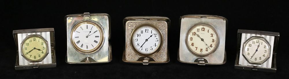 Lot 249: 5 Sterling Travel Clocks Quartier, Elgin, BS&F