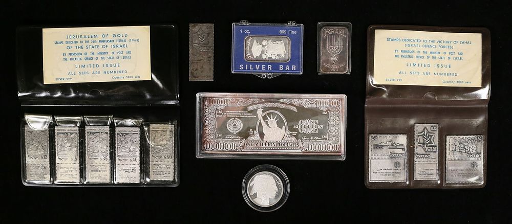 Lot 314: Lot of 999 Silver Bars, Coins & Stamps