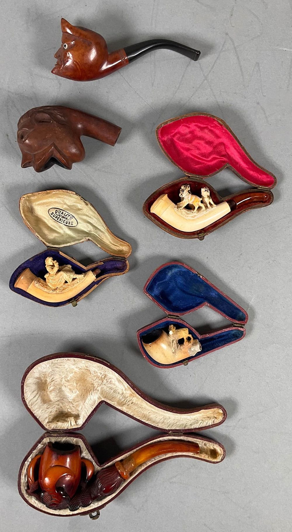 Lot 329: 6 Figural Meerschaum & Wood Pipes
