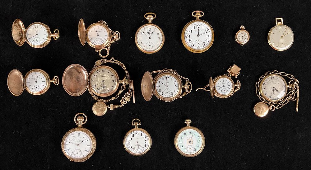 Lot 376: 14 Pocket Watches Gold Plated, Gold Filled