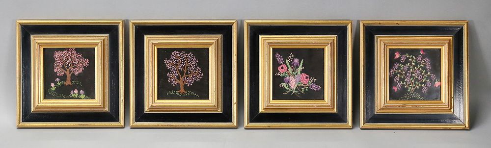Lot 390: Set of 4 Framed Needlepoints Flowers & Trees