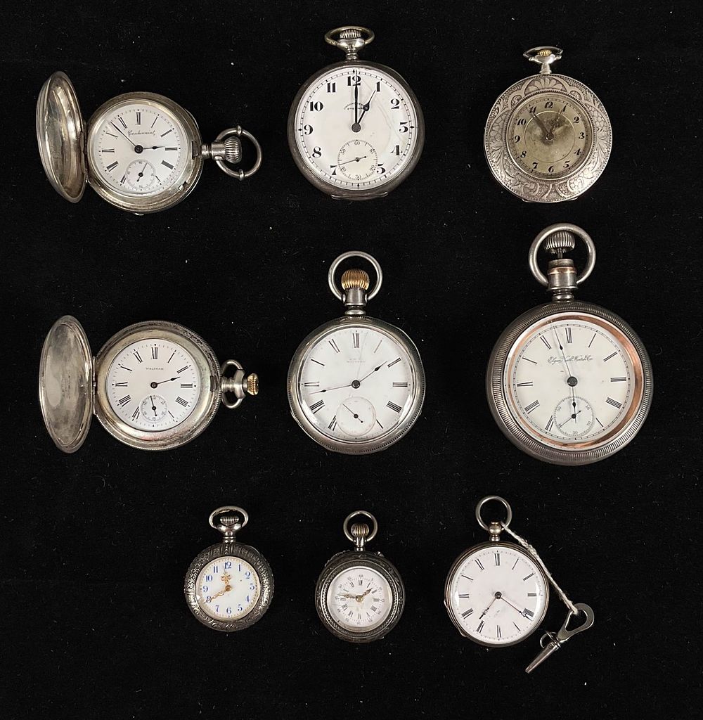 Lot 426: 9 Silver Pocket Watches Elgin, Corgemont