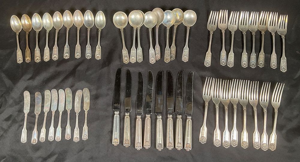 Lot 233: 57 Pieces Frank Smith Silver Flatware Fiddle Shell