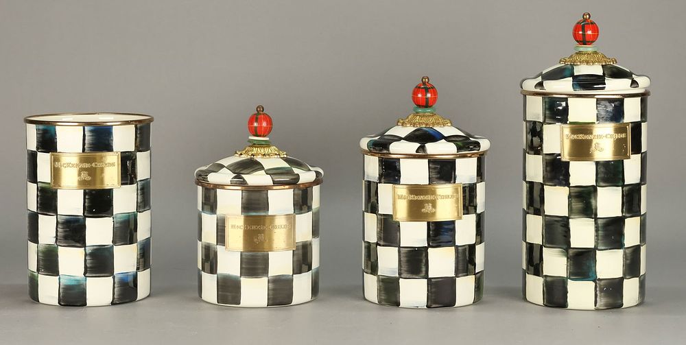 Lot 352: MacKenzie-Childs 4 Canister Set Courtly Check