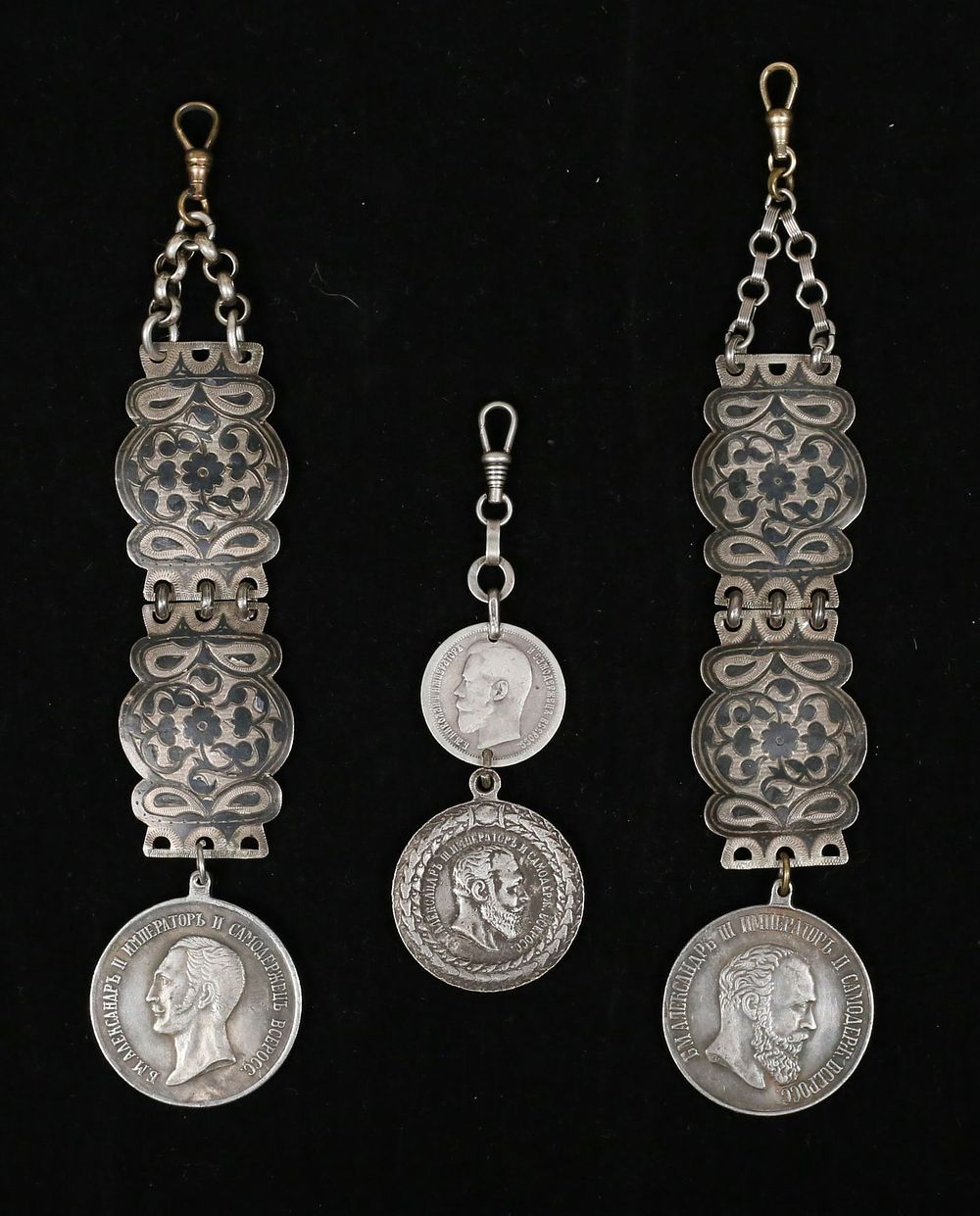 Lot 372: 3 Russian Watch Fobs Coin, Medals, Niello Silver