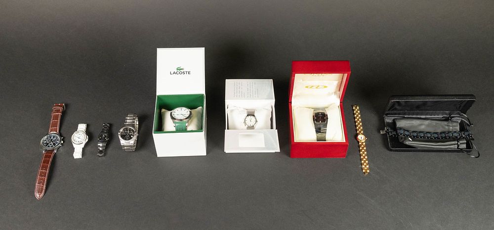 Lot 381: Lot of 8 Designer Watches Bulova, Fossil, Lacoste
