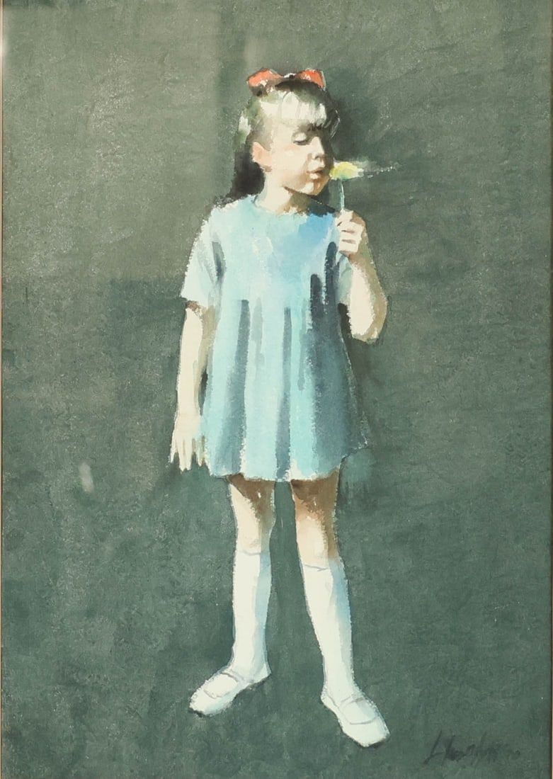 Lot 393: Watercolor Girl With Flower