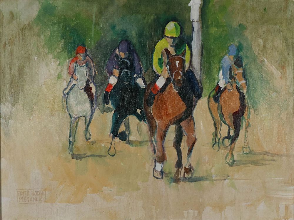 Lot 398: Edith Hodge Pletzner Acrylic on Board Horse Race