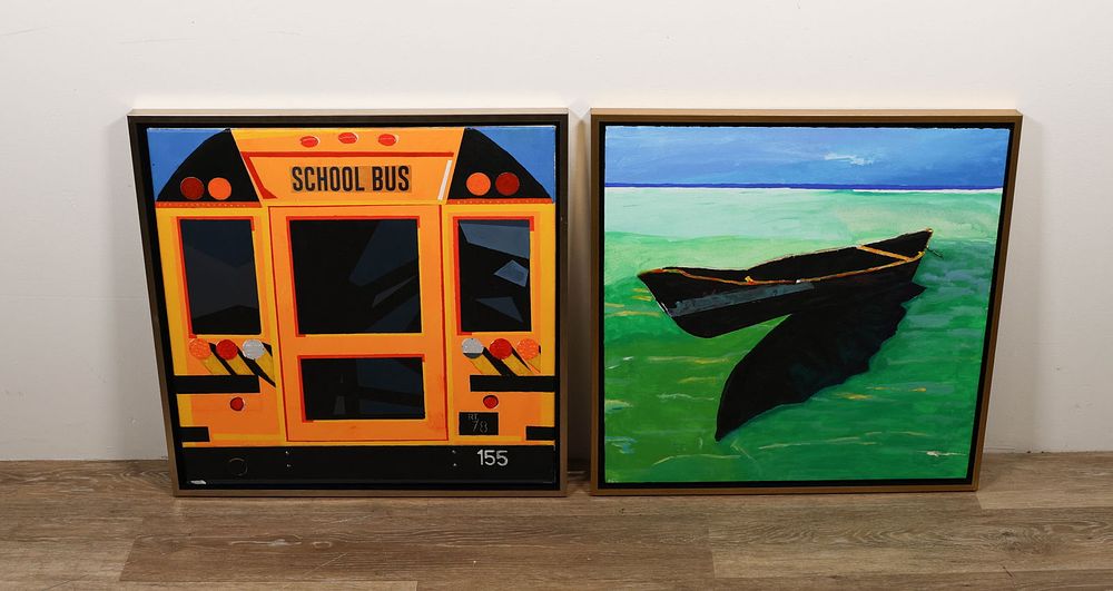 Lot 419: Martin Graifer 2 Acrylics on Canvas Row Boat & Bus