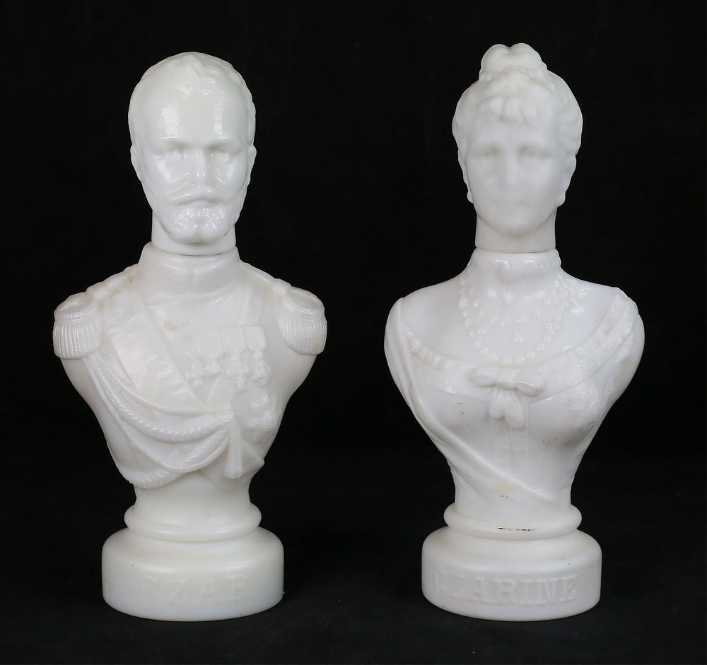Lot 445: Pair of French Milk Glass Czar & Czarine Bottles