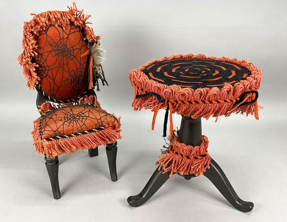 Lot 183: 2 Halloween Wooden Doll Chair - Table Orange Black
