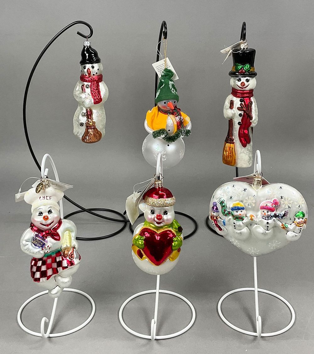 Lot 209: 6 Radko Snowmen Christmas Ornaments Most w/ Tags