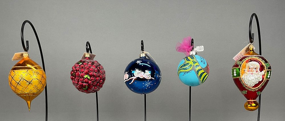 Lot 295: 5 Radko Christmas Ornaments with Tags