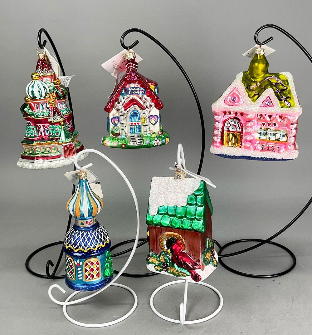 Lot 307: 5 Radko Houses Christmas Ornaments Snow Covered