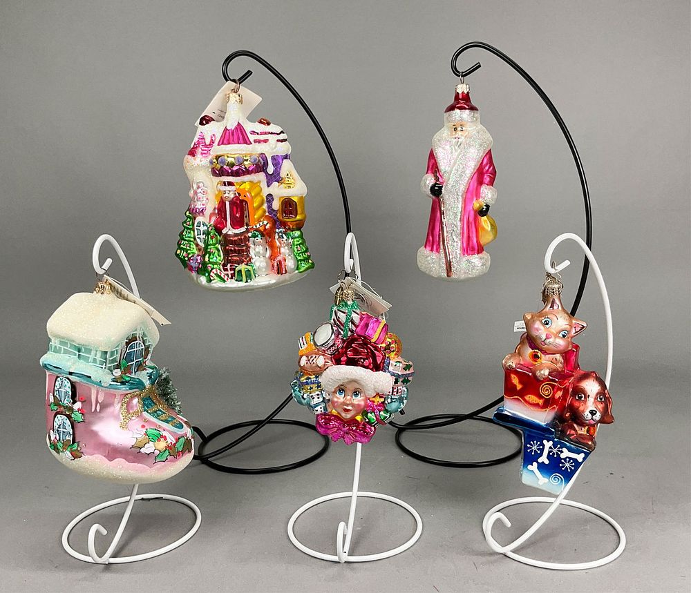 Lot 312: 5 Radko Christmas Ornaments Dog Cat