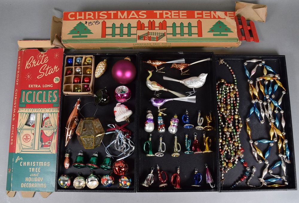 Lot 154: Lot of Vintage Christmas Ornaments, Tree Fence