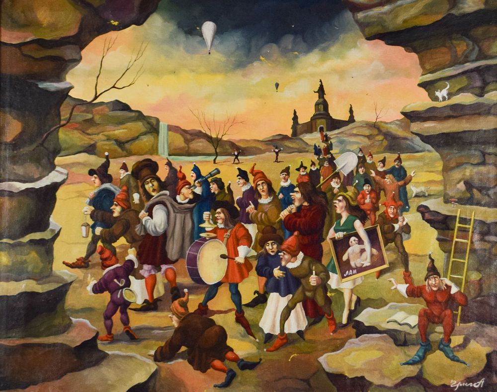 Lot 280: Russian Surrealist Oil on Canvas Villagers