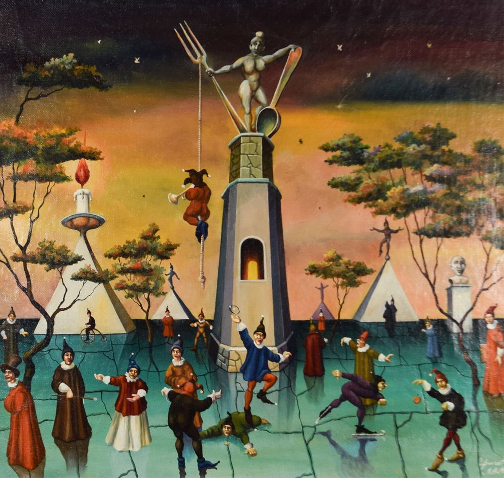 Lot 281: Russian Surrealist Oil on Canvas Ice Skaters