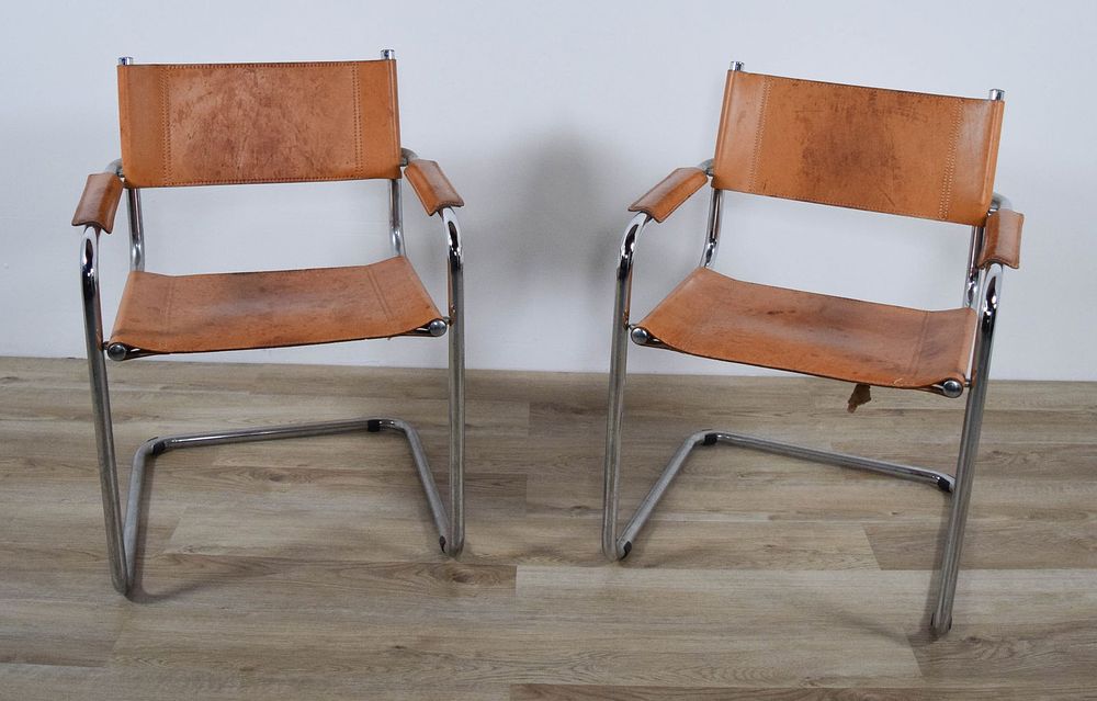 Lot 227: Pair of Mart Stam Style Cantilever Leather Chairs