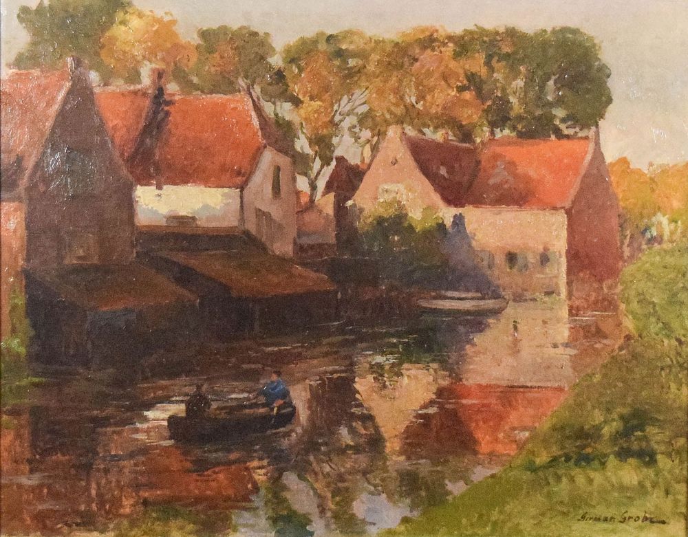 Lot 282: German Grobe Oil on Canvas Village Landscape