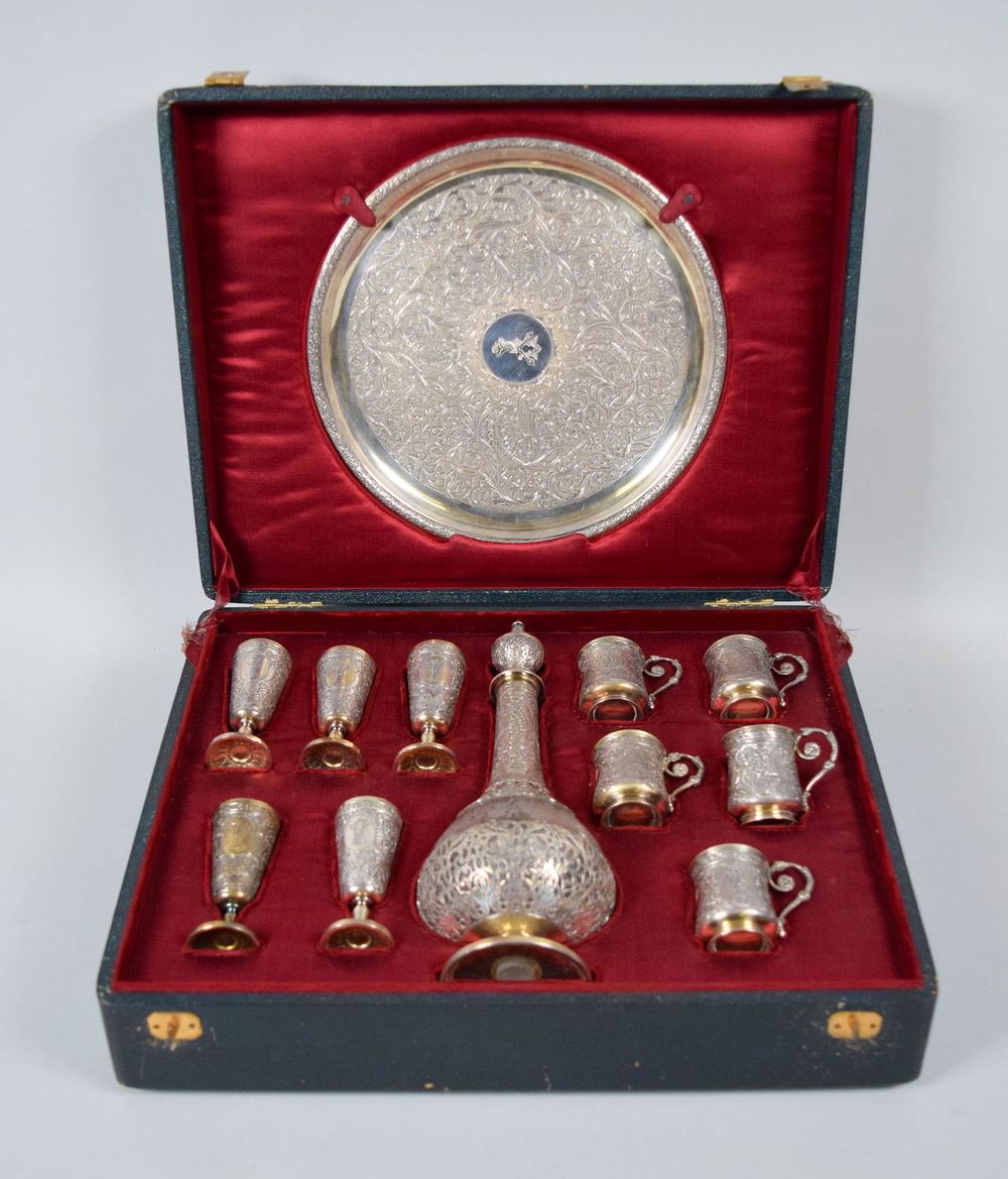 Lot 294: 12 Piece Silver Vodka / Liquor Set