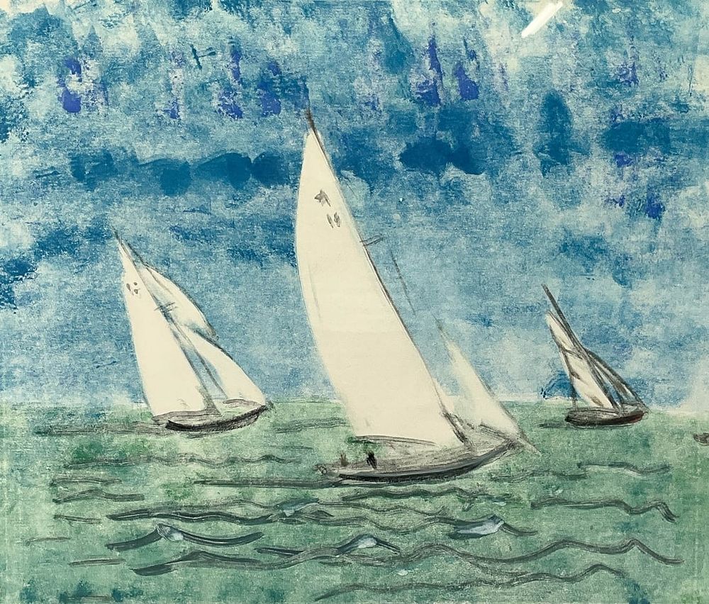 Lot 376: Signed Monoprint Sailboats The Race