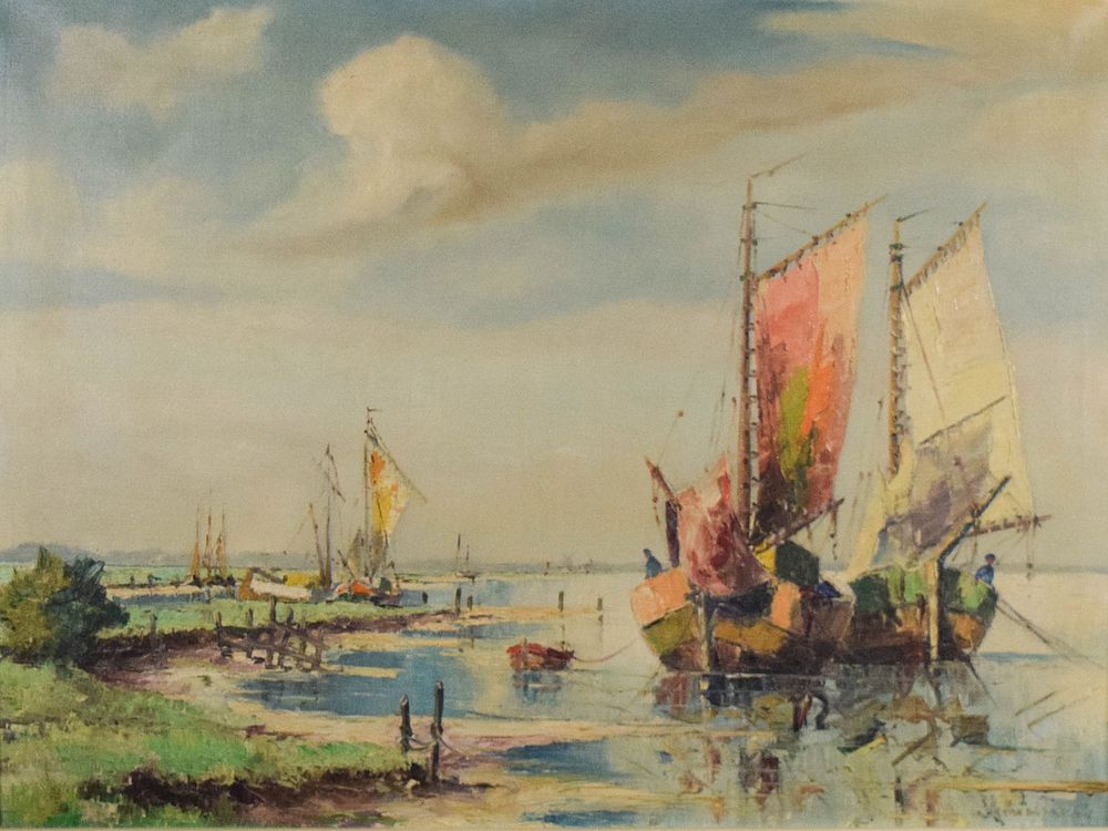 Lot 426: Oil on Canvas Boats in Harbor Scene